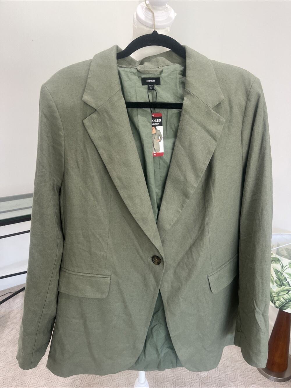 Express Linen Blend One-Button Boyfriend Blazer Olive Green Women XL Lined NWT